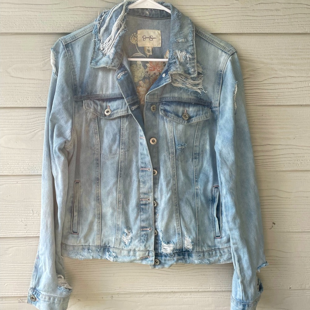 Jessica Simpson Denim Distressed Embroidered Jacket